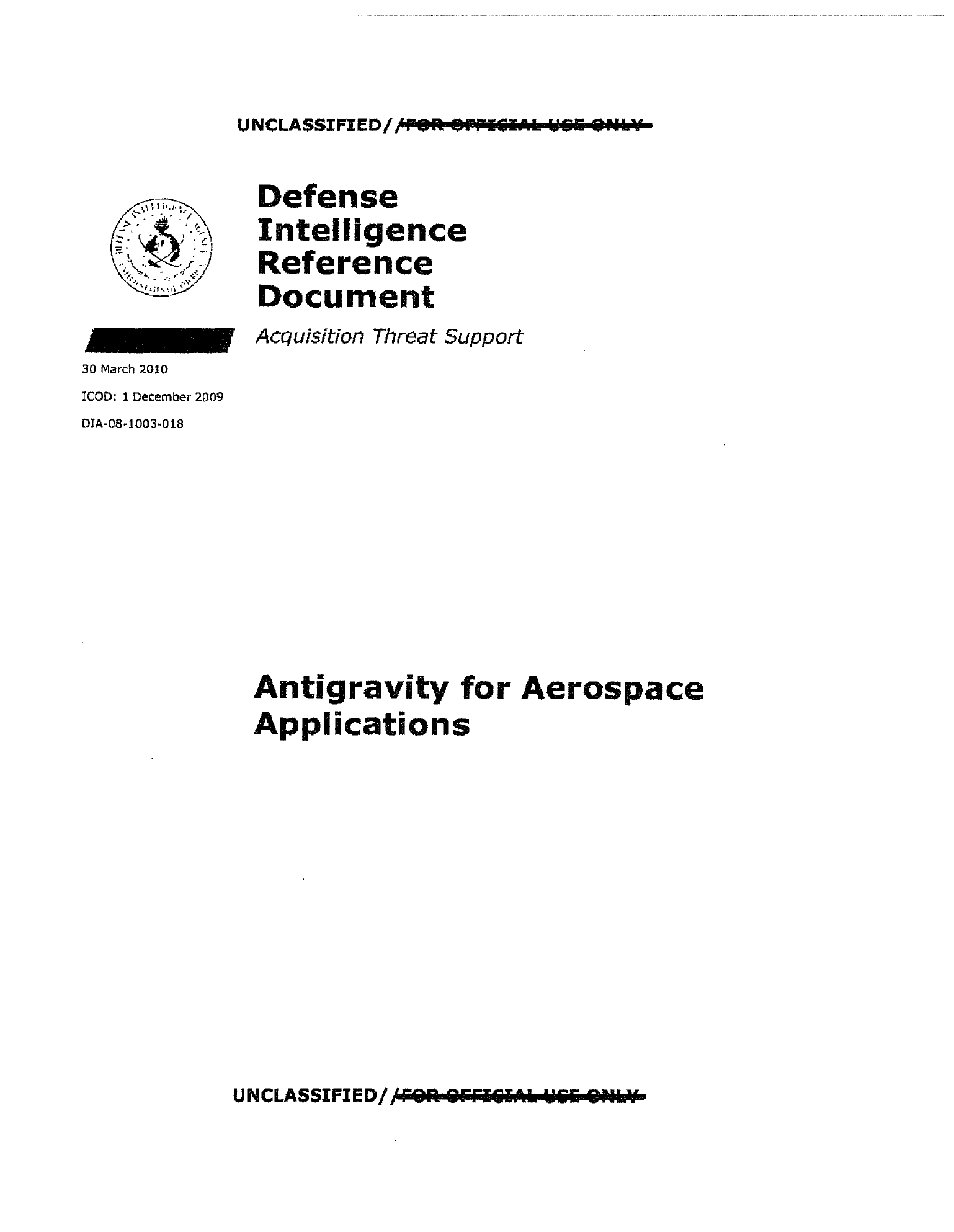 Title page of the DIA Defense Intelligence Reference Document Antigravity for Aerospace Applications