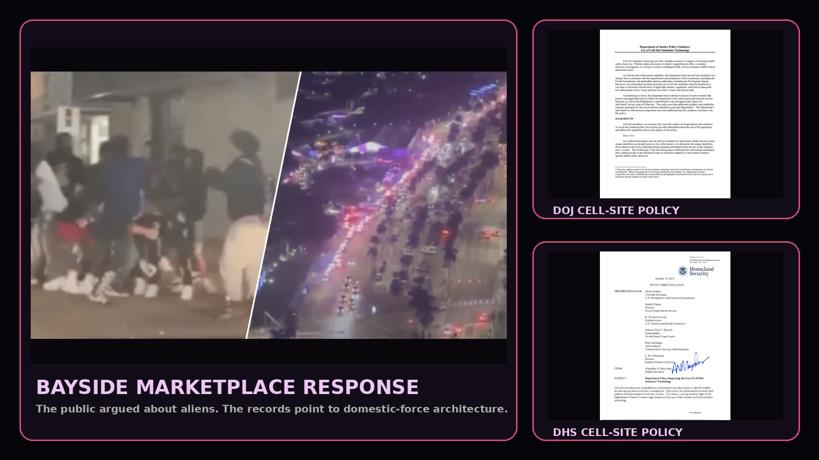 Bayside Marketplace police response paired with DOJ and DHS cell-site simulator policy covers