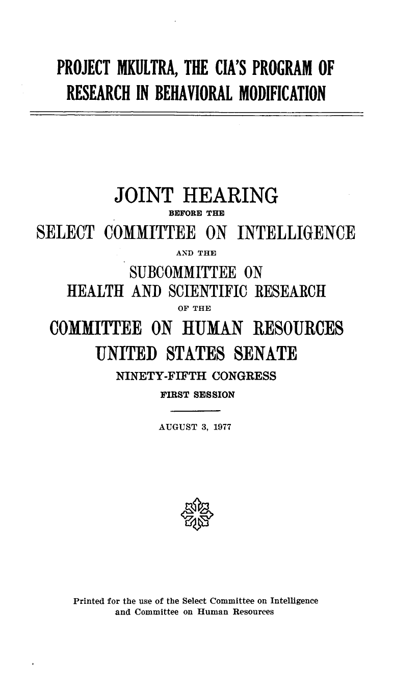 Title page of the 1977 Senate Project MKUltra hearing transcript
