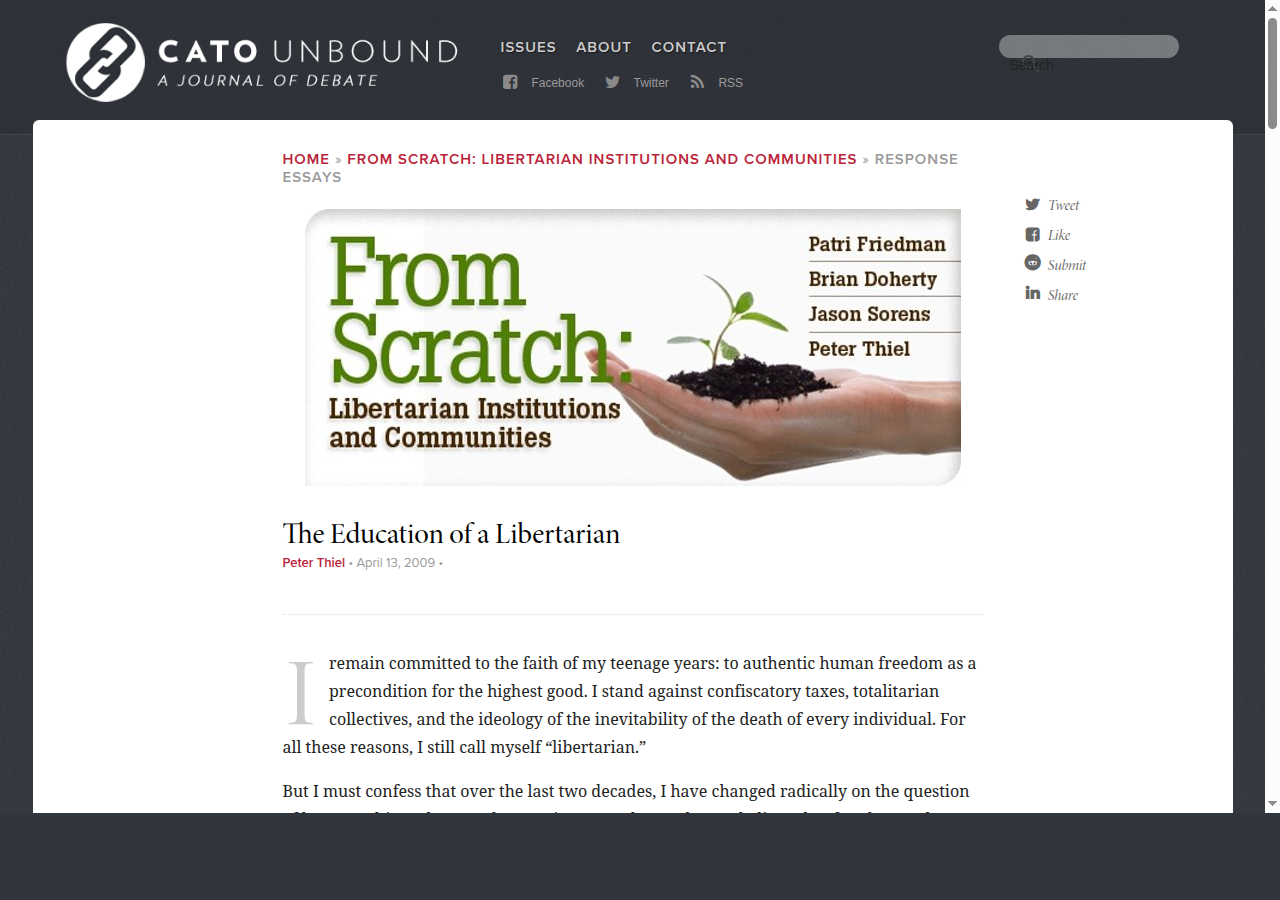 Screenshot of Peter Thiel's Cato Unbound essay The Education of a Libertarian